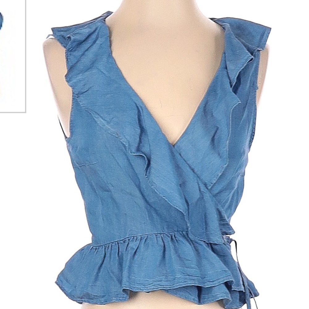 Denim wrap shirt with ruffle